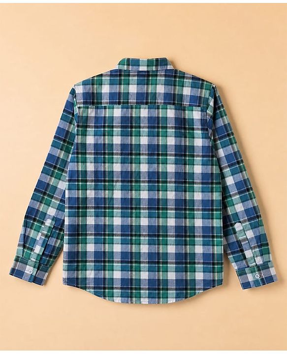 Pine Kids 100% Cotton Woven Full Sleeves Checked Shirt and T-shirt with Palm Trees Print - Blue