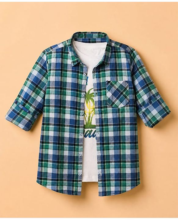 Pine Kids 100% Cotton Woven Full Sleeves Checked Shirt and T-shirt with Palm Trees Print - Blue