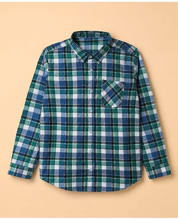Pine Kids 100% Cotton Woven Full Sleeves Checked Shirt and T-shirt with Palm Trees Print - Blue