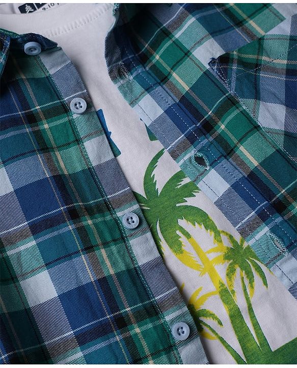Pine Kids 100% Cotton Woven Full Sleeves Checked Shirt and T-shirt with Palm Trees Print - Blue