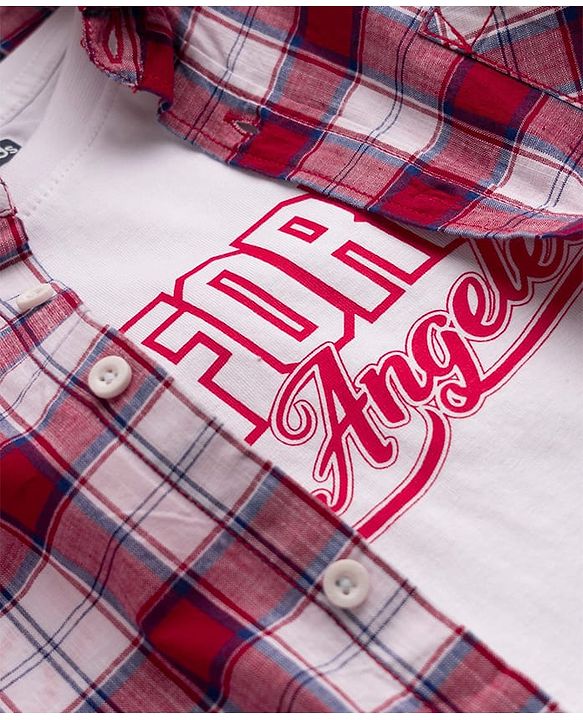 Pine Kids 100% Cotton Woven Full Sleeves Checked Shirt and T-shirt with California Text Print - Red
