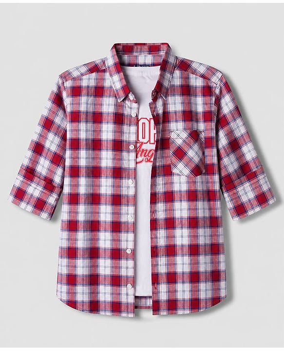 Pine Kids 100% Cotton Woven Full Sleeves Checked Shirt and T-shirt with California Text Print - Red