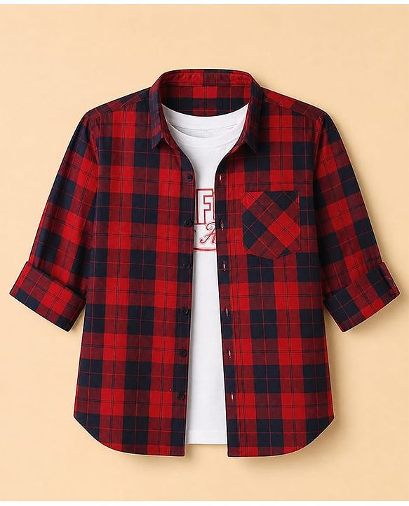 Pine Kids 100% Cotton Woven Full Sleeves Shirts with T-Shirt & Best Together As One Team Text Print - Orange