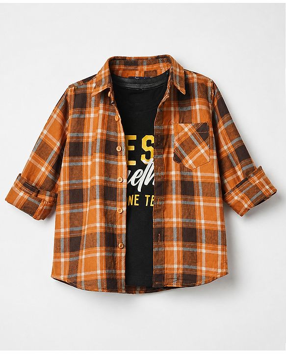 Pine Kids 100% Cotton Woven Full Sleeves Checks Shirts and T-Shirt With Best Together As One Team Text Print - Orange
