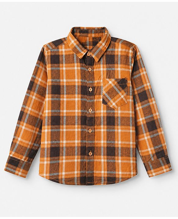 Pine Kids 100% Cotton Woven Full Sleeves Checks Shirts and T-Shirt With Best Together As One Team Text Print - Orange