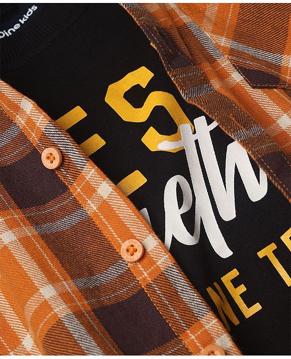 Pine Kids 100% Cotton Woven Full Sleeves Checks Shirts and T-Shirt With Best Together As One Team Text Print - Orange