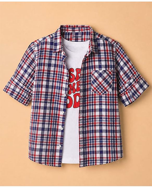 Pine Kids 100% Cotton Woven Half Sleeves Checked Shirt and T-Shirt with Inspire Someone Today Text Print in Red