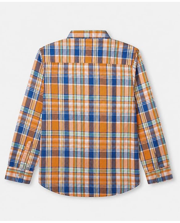 Pine Kids 100% Cotton Woven Half Sleeves Checked Shirt and T-Shirt with Happiness Comes In Wave Text Print in Orange