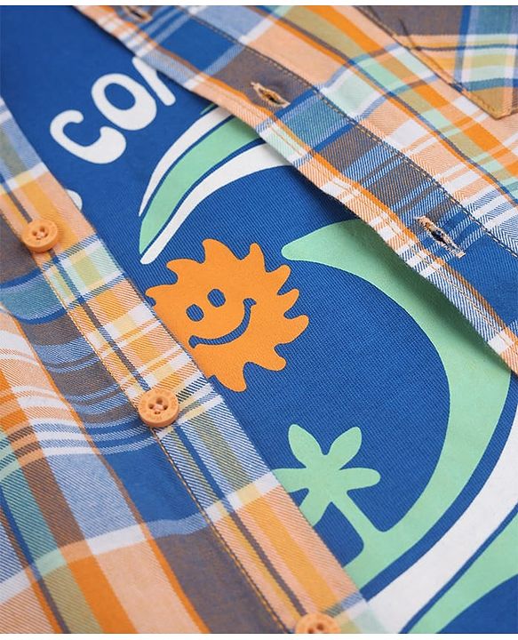 Pine Kids 100% Cotton Woven Half Sleeves Checked Shirt and T-Shirt with Happiness Comes In Wave Text Print in Orange