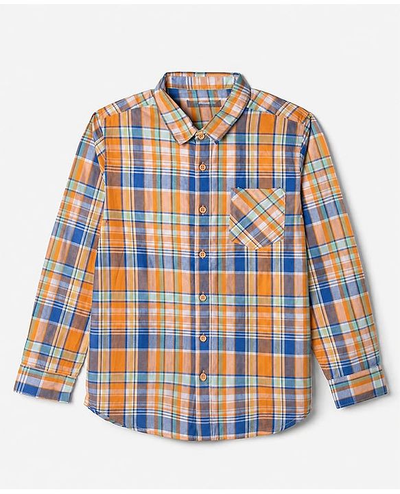 Pine Kids 100% Cotton Woven Half Sleeves Checked Shirt and T-Shirt with Happiness Comes In Wave Text Print in Orange