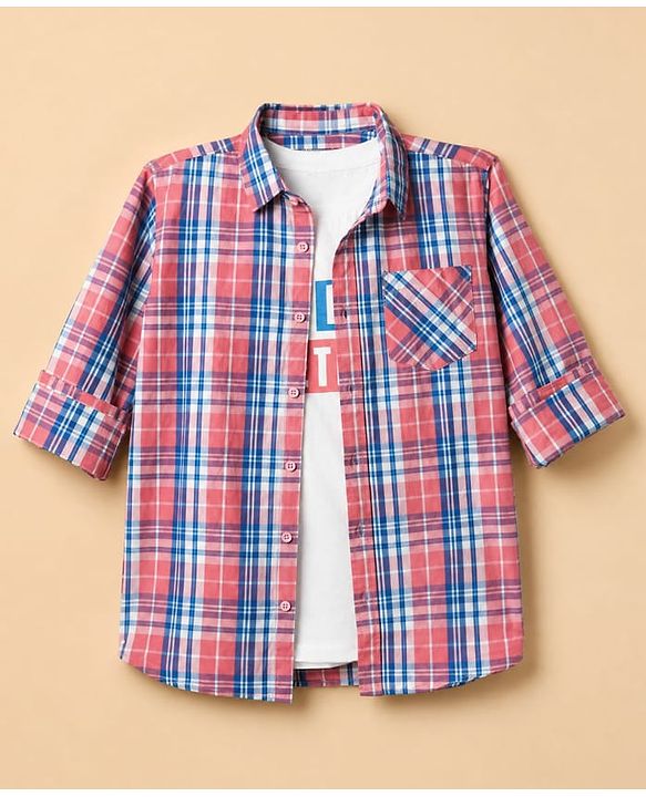 Pine Kids 100% Cotton Woven Full Sleeves Checks Shirts and T-Shirt With Lets Play Together Text Print - Pink
