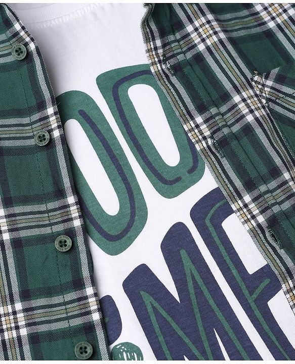 Pine Kids 100% Cotton Woven Full Sleeves Checked Shirt and Tank Top with Good Times Print - Green