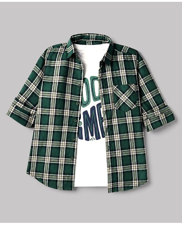 Pine Kids 100% Cotton Woven Full Sleeves Checked Shirt and Tank Top with Good Times Print - Green