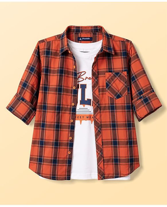 Pine Kids Cotton Woven Full Sleeves Checks Shirt with Tank T-Shirt - Orange
