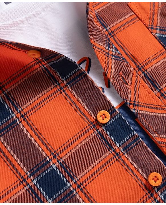 Pine Kids Cotton Woven Full Sleeves Checks Shirt with Tank T-Shirt - Orange