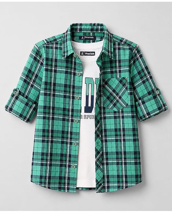 Pine Kids Cotton Woven Full Sleeves Checks Shirt with Tank T-Shirt - Green