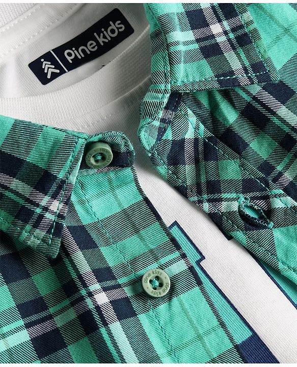 Pine Kids Cotton Woven Full Sleeves Checks Shirt with Tank T-Shirt - Green