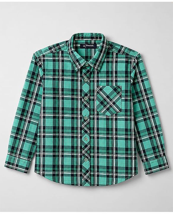 Pine Kids Cotton Woven Full Sleeves Checks Shirt with Tank T-Shirt - Green