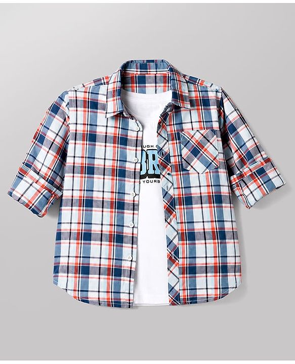 Pine Kids Cotton Woven Half Sleeves Twofer Shirt with Checks Print - Blue