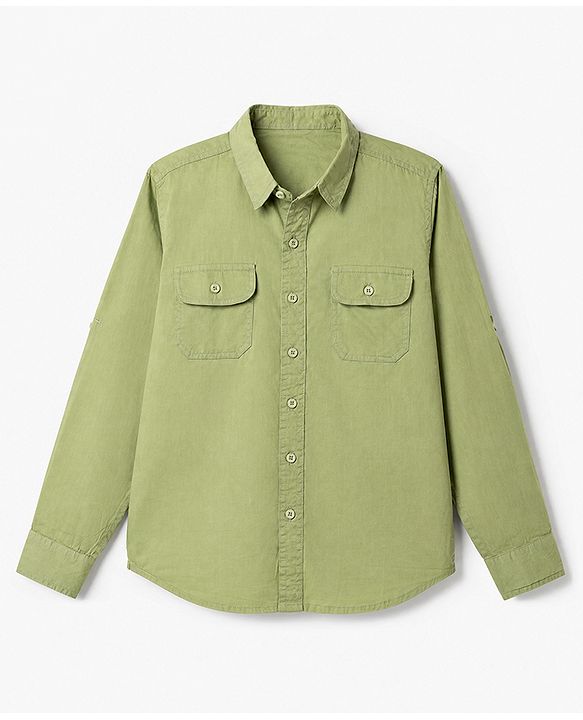 Pine Kids 100% Cotton Woven Roll Up Sleeves Solid Shirt in Olive Green for 4-5 Years