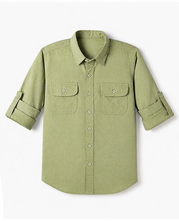 Pine Kids 100% Cotton Woven Roll Up Sleeves Solid Shirt in Olive Green for 4-5 Years