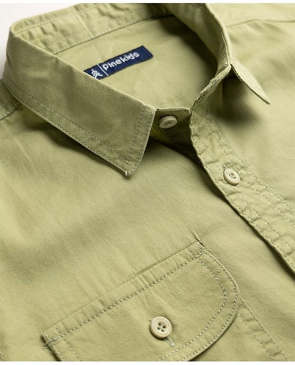 Pine Kids 100% Cotton Woven Roll Up Sleeves Solid Shirt in Olive Green for 4-5 Years
