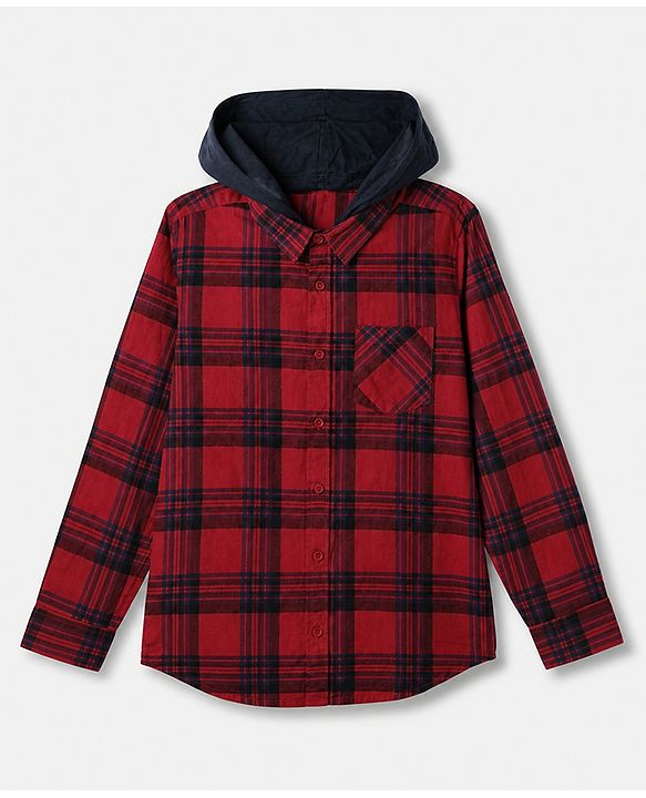Pine Kids 100% Cotton Woven Full Sleeves Hooded Checked Shirt - Red