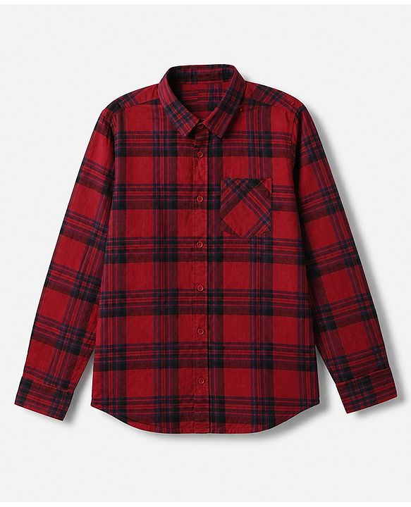 Pine Kids 100% Cotton Woven Full Sleeves Hooded Checked Shirt - Red
