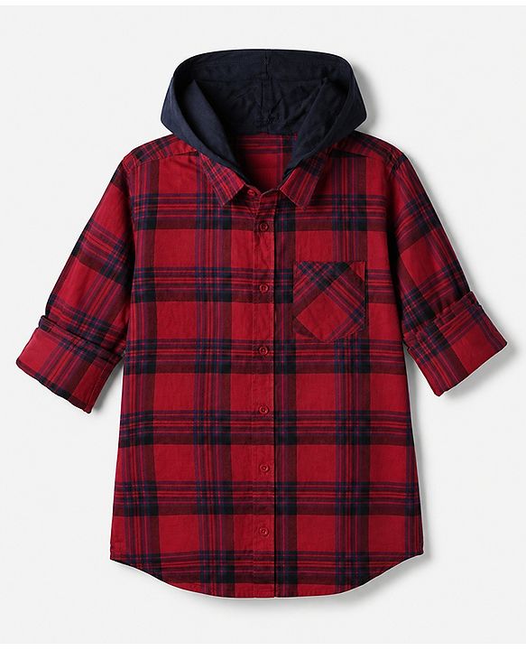 Pine Kids 100% Cotton Woven Full Sleeves Hooded Checked Shirt - Red
