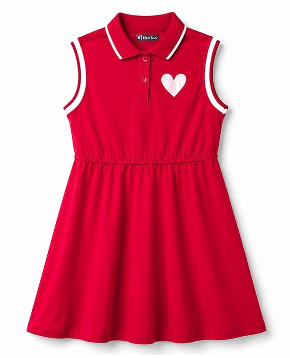 Pine Kids 100% Cotton Knit Sleeveless Hearts Printed Frock - Red