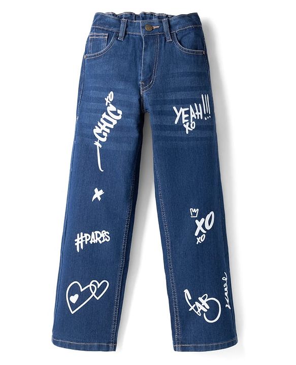 Pine Kids Cotton Blend Denim Woven Full Length Jeans with Slogan Print - Blue
