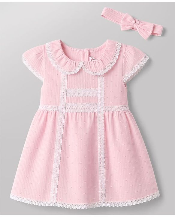 Babyhug 100% Cotton Woven Half Sleeves Frock With Lace Detailing & Headband - Pink