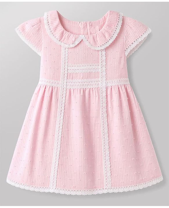 Babyhug 100% Cotton Woven Half Sleeves Frock With Lace Detailing & Headband - Pink
