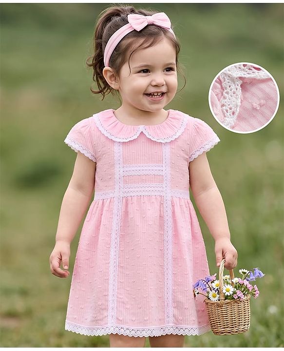 Babyhug 100% Cotton Woven Half Sleeves Frock With Lace Detailing & Headband - Pink
