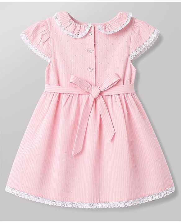 Babyhug 100% Cotton Woven Half Sleeves Frock With Lace Detailing & Headband - Pink