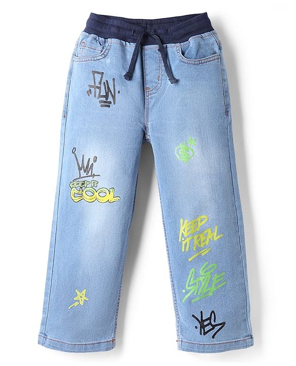 Pine Kids Denim Woven Full Length Jeans With Text Print - Navy Blue