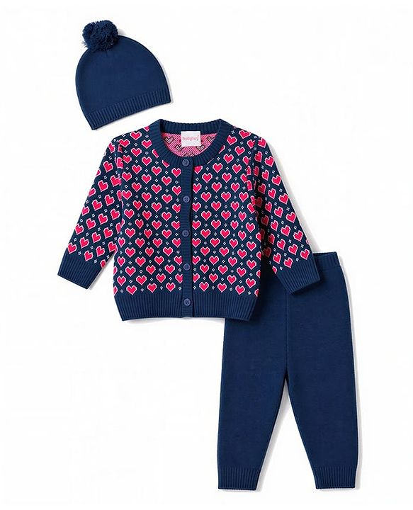 Babyhug Knit Full Sleeves Heart Designed Sweater Set with Cap  - Navy
