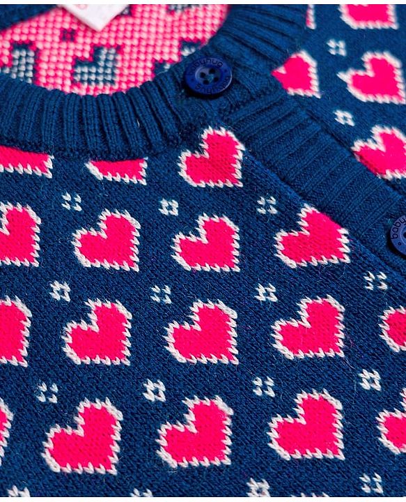 Babyhug Knit Full Sleeves Heart Designed Sweater Set with Cap  - Navy
