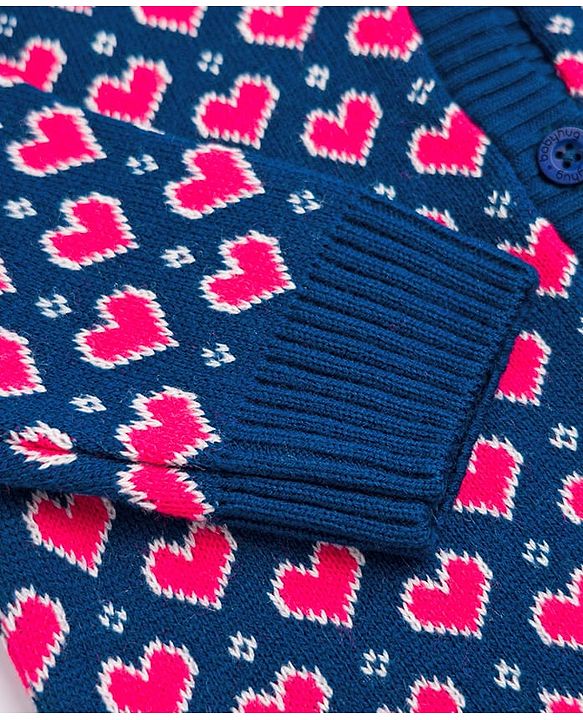 Babyhug Knit Full Sleeves Heart Designed Sweater Set with Cap  - Navy