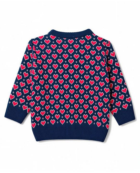 Babyhug Knit Full Sleeves Heart Designed Sweater Set with Cap  - Navy
