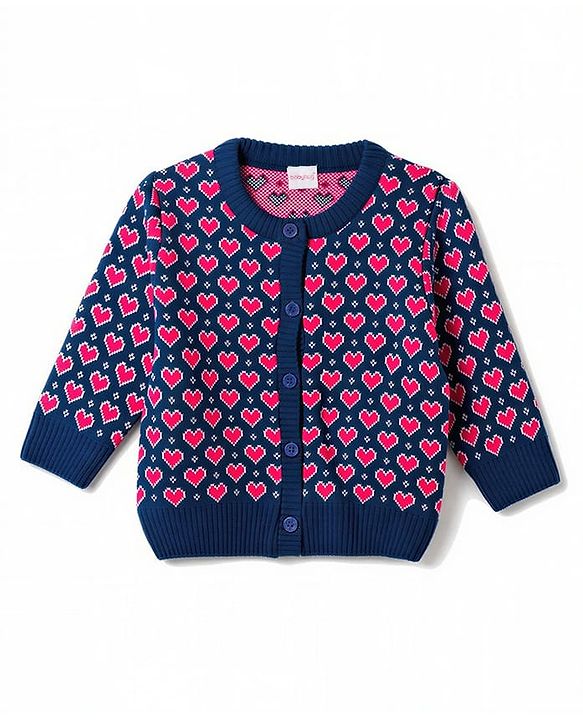 Babyhug Knit Full Sleeves Heart Designed Sweater Set with Cap  - Navy