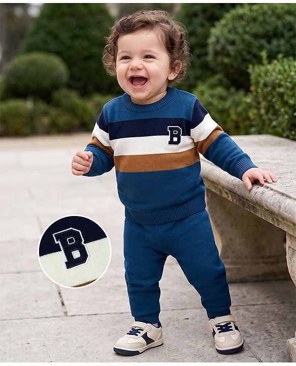 Babyhug Knit Full Sleeves Sweater Set with Colour Block Design - Navy