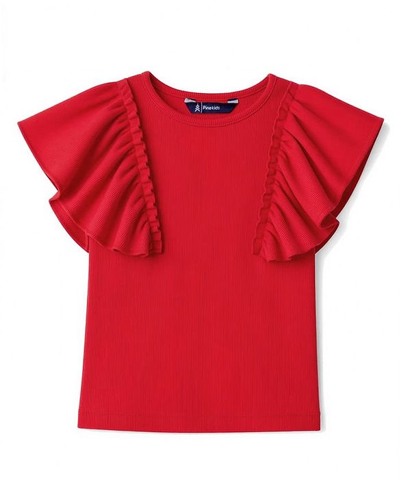Pine Kids Cotton Knit Solid Flutter Half Sleeves Top - Red