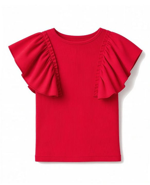 Pine Kids Cotton Knit Solid Flutter Half Sleeves Top - Red