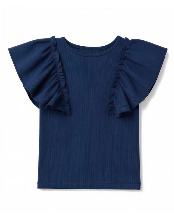 Pine Kids Cotton Knit Solid Flutter Half Sleeves Top - Navy Blue