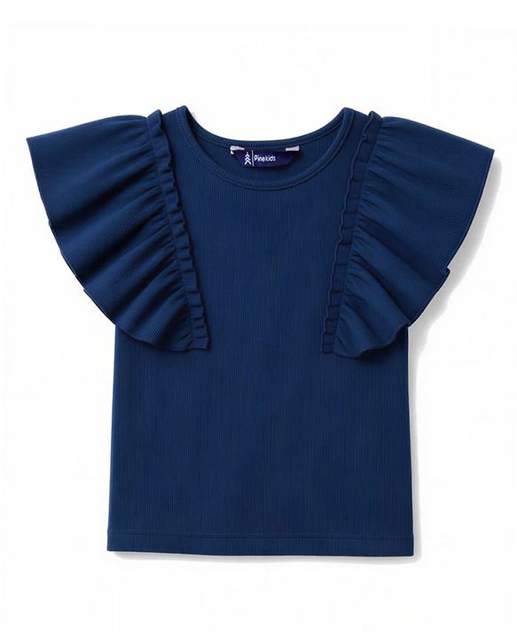 Pine Kids Cotton Knit Solid Flutter Half Sleeves Top - Navy Blue