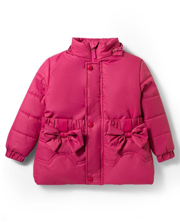Babyhug Woven Full Sleeves Detachable Hooded Padded Jacket with Bow Applique - Pink