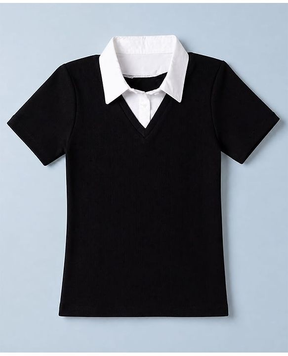 Pine Kids Cotton Knit Half Sleeves Solid Top in Black