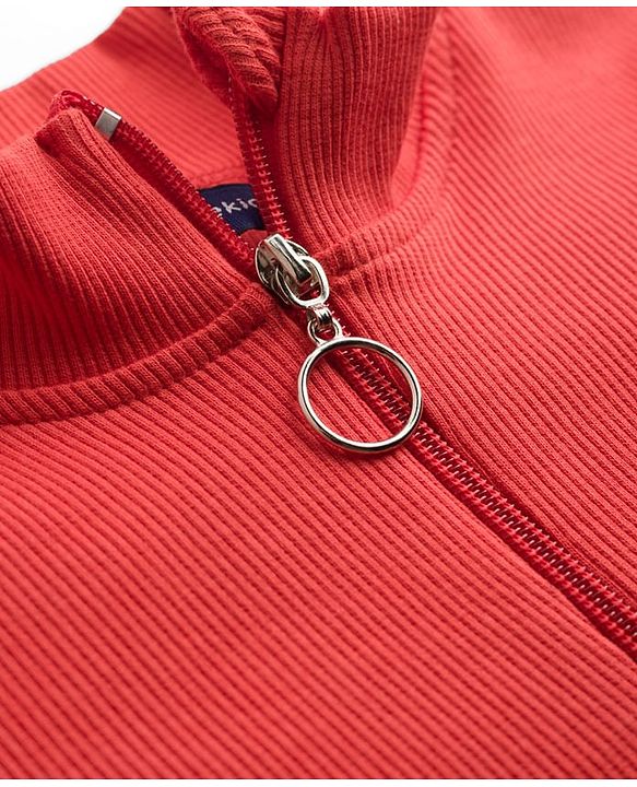 Pine Kids Cotton Knit Full Sleeves High Neck Solid Colour Top- Red