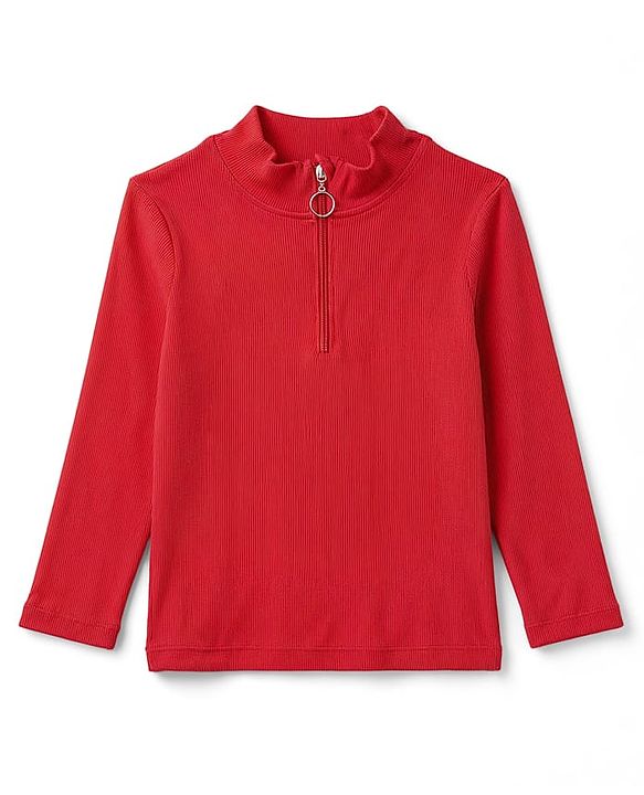 Pine Kids Cotton Knit Full Sleeves High Neck Solid Colour Top- Red